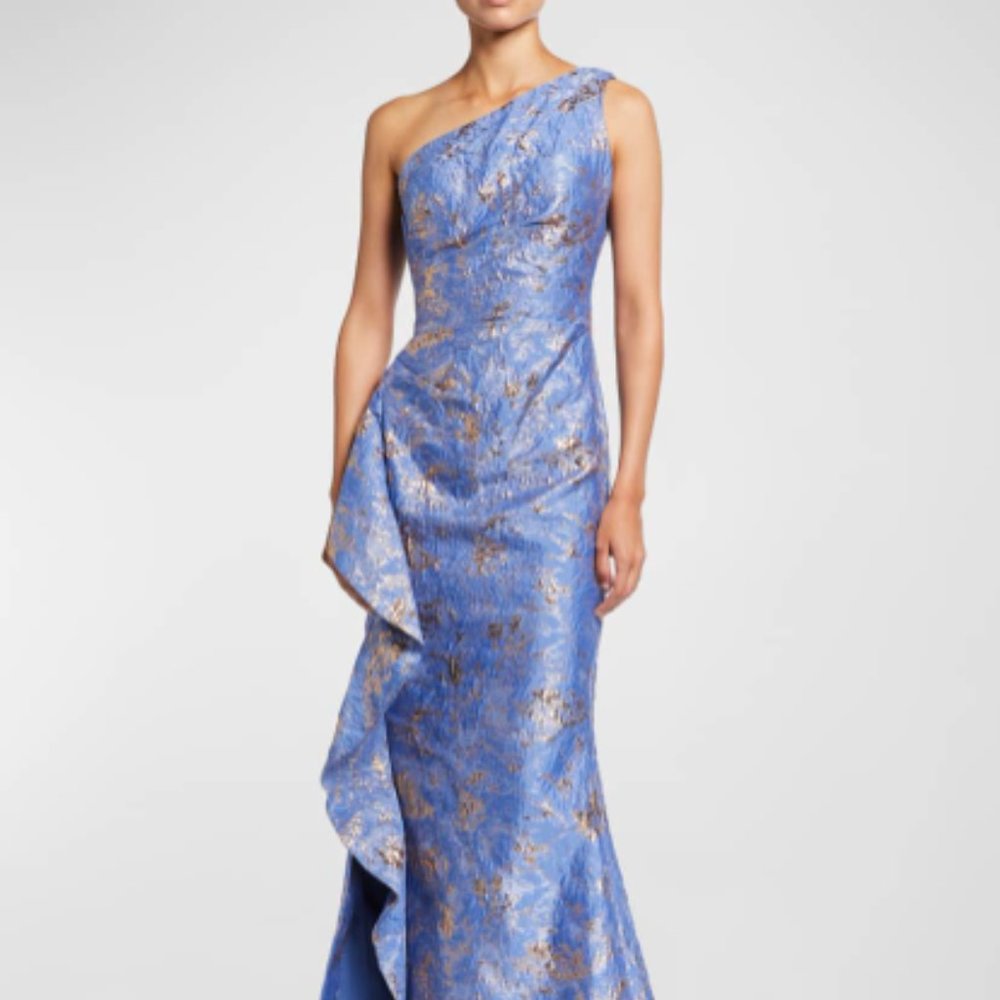 Teri Jon by Rickie Freeman One-Shoulder Metallic Jacquard Evening Gown Size 14